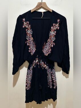 Free People Pretty Pineapple Embroidered Navy Blue Mini Boho Dress - Women’s XS